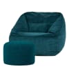 Pouf fauteuil avec repose-pied rond velours côtelé bleu canard