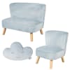 Kindersofa und Sessel aus Samtstoff mit Holzfüßen, Blau