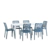 Set tavolo rettangolare bianco e 6 sedie in resina blu petrolio