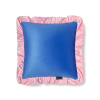 Cuscino in velluto stampato con balza plissettata, rosa e blu