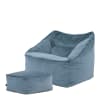 Pouf fauteuil avec repose-pied carré velours bleu minéral