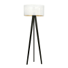 Lámpara de pie trípode de madera con pantalla blanco y dorado