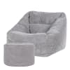 Pouf fauteuil avec repose-pied rond velours côtelé gris clair