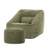 Pouf fauteuil avec repose-pied rond velours côtelé vert sauge