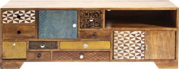 Soleil - Meuble TV 8 tiroirs 4 portes en manguier massif à motifs