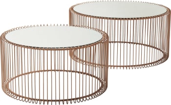 Wire - 2 tables basses rondes en acier cuivré et verre miroir