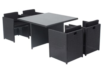 Miami - Table et chaises 4 places encastrables en résine noir/noir