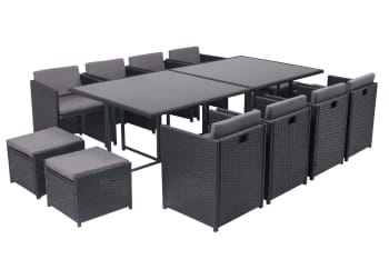 Miami - Table et chaises 12 places encastrables en résine noir/gris