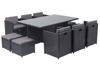 Miami - Table et chaises 10 places encastrables en résine noir/gris