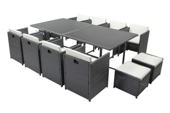 Miami - Table et chaises 12 places encastrables résine gris/blanc