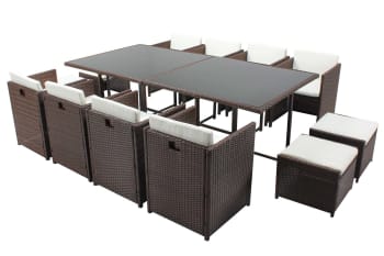 Miami - Table et chaises 12 places encastrables résine marron/blanc