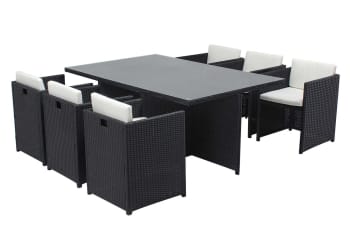 Miami - Table et chaises 6 places encastrables en résine noir/blanc