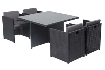 Miami - Table et chaises 4 places encastrables en résine noir/gris