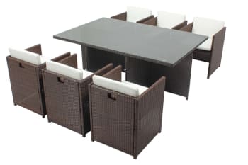Miami - Table et chaises 6 places encastrables résine marron/blanc
