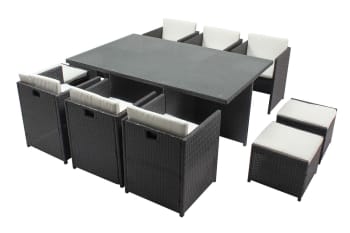 Miami - Table et chaises 10 places encastrables résine gris/blanc