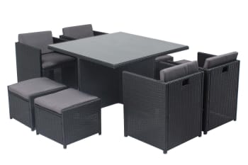 Miami - Table et chaises 8 places encastrables en résine noir/gris