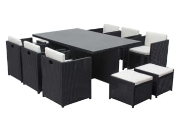 Miami - Table et chaises 10 places encastrables résine noir/blanc