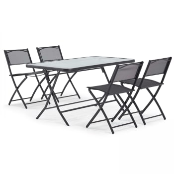 Calvi - Table de jardin et 4 chaises pliantes en acier et verre noir