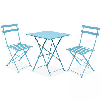 Rome - Table bistrot de jardin et 2 chaises pliantes bleu