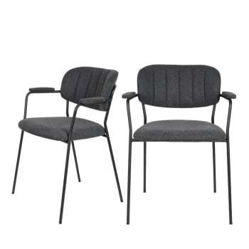 Jolien - Lot de 2 chaises avec accoudoirs et pieds noirs gris foncé