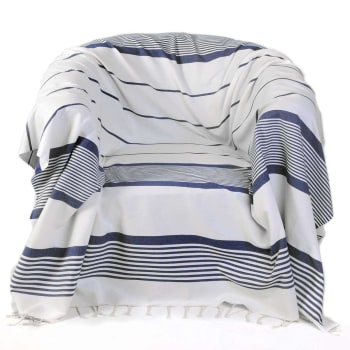 CASABLANCA - Manta para sillón de algodon, blanco con rayas azules (200 x 200)