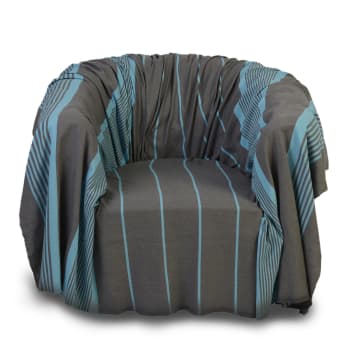 CARTHAGE - Jeté fauteuil coton anthracite rayures turquoises 200 x 200