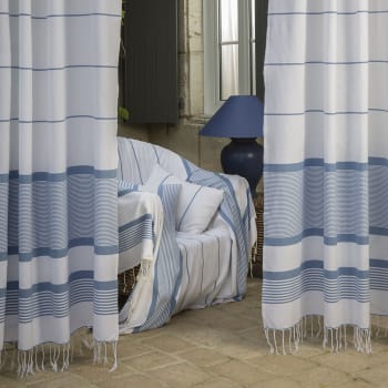 CARTHAGE - Rideau ajustable 100% coton blanc et bleu 140 x 290 à 320