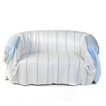 CARTHAGE - Jeté de canapé 100% coton blanc rayures bleu 200 x 300