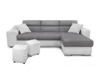 ELONA - Canapé d'angle gauche microfibre/simili avec poufs - Blanc/Gris