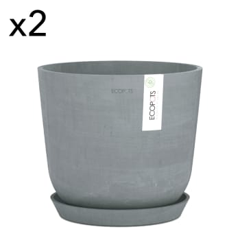OSLO - Pots de fleurs avec soucoupe bleu gris D25 - lot de 2