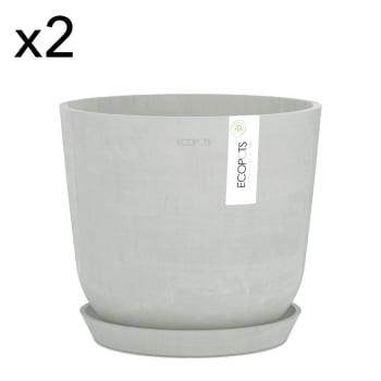 OSLO - Pots de fleurs avec soucoupe blanc gris D25 - lot de 2