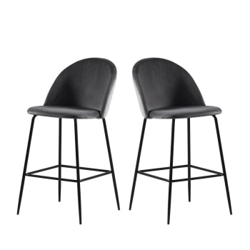 Vitikko - Lot de 2 fauteuils de bar 65cm en velours et pieds noirs gris