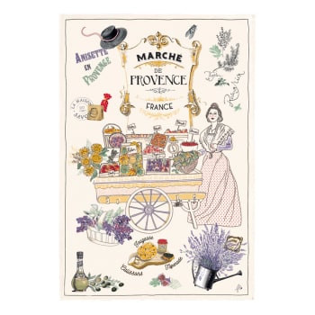 Provence - cote d'azur - Torchon les marchés de provence en coton ecru 48 x 72