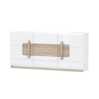 Alexiane - Buffet 195 cm 3 portes blanc laqué décor chêne clair et led