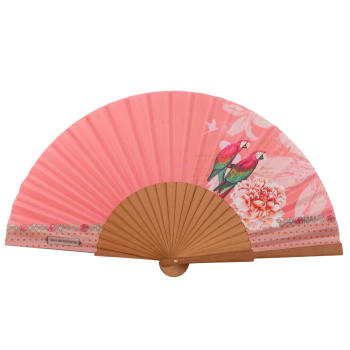 Macao - Éventail en bois de merisier et coton imprimé fleuri rose