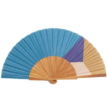 Paradis - Éventail en bois de merisier et coton imprimé graphique bleu
