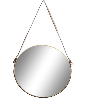 ROND - Miroir métal doré suspendu lanière similicuir marron