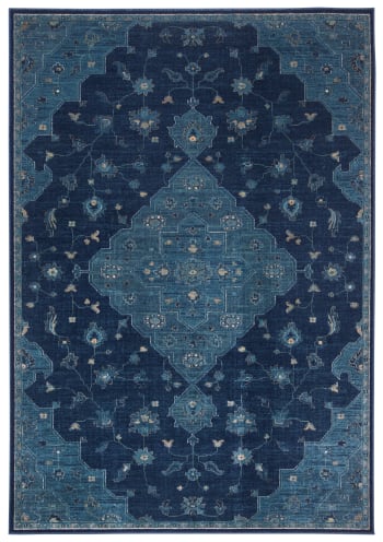 Tapis de salon interieur en bleu marine & bleu canard, 201 x 279 cm