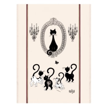 Dubout - Grand torchon  portrait de chat en coton ecru 60 x 80