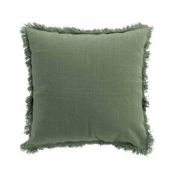 Coussin déhoussable à franges coton kaki 45x45 cm