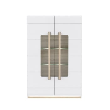 Alexiane - Vitrine 2 portes blanc laqué et décor chêne clair avec led