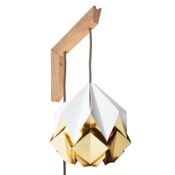 MOKUZAI - Aplique de madera y pantalla origami blanca y dorada en papel