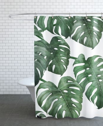 Tropical no. 6 - Rideau de douche en polyester en blanc & vert 150x200