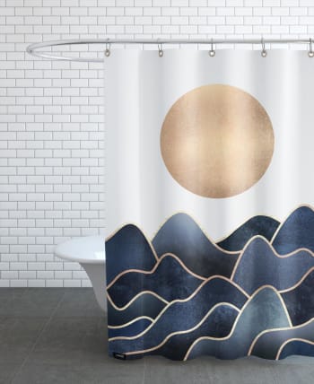 Waves - Rideau de douche en polyester en blanc & bleu 150x200