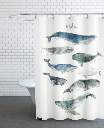 Whales - Rideau de douche en polyester en blanc ivoire & bleu 150x200