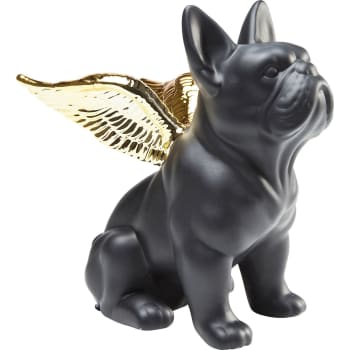 Sitting angel dog - Deko Hund aus schwarzem Steingut mit goldenen Flügeln