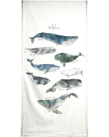 Whales - Serviette de plage en éponge-velours en blanc ivoire & bleu 90x180