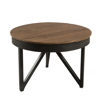 Alida - Table basse ronde d'appoint plateau teck recyclé pieds métal noir D50