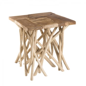 Laly - Table d'appoint nature plateau en teck pieds bois flotté L55
