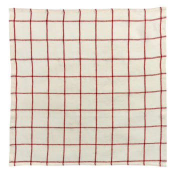 Karma - Serviette de table carreaux  en lin ecru/rouge 50 x 50